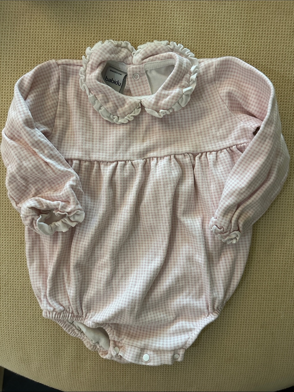 Babidu Pink Gingham Long-Sleeve Baby One-Piece